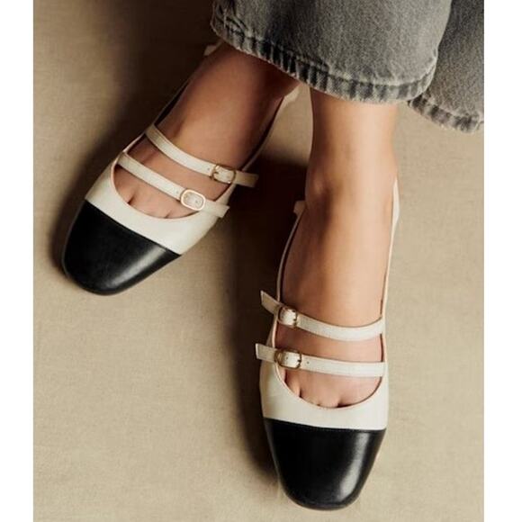 SÉZANE Paula Babies Slingback Heel Ecru Black Leather Block Heel Women's 36/US 6